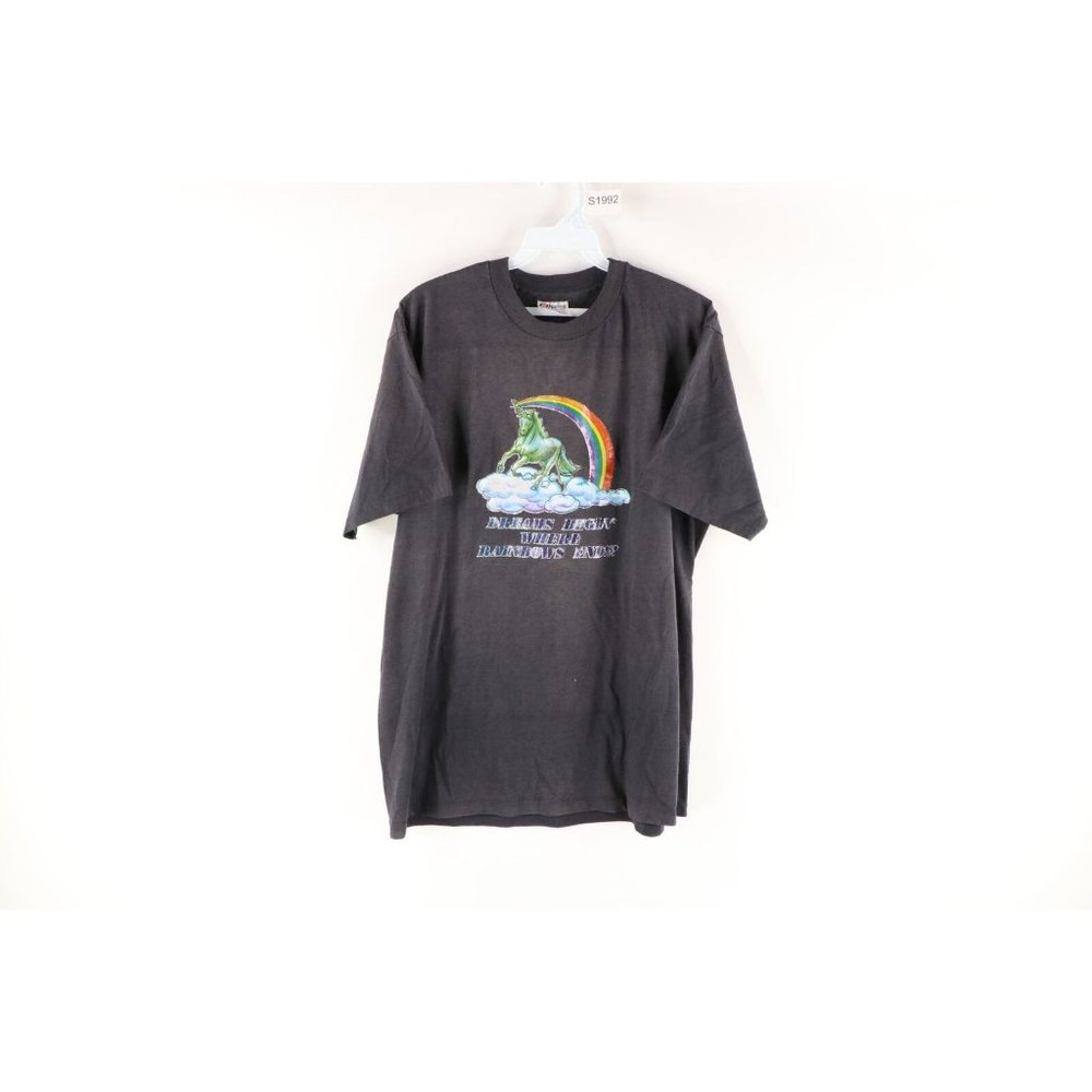 Vintage 80s Streetwear Mens XL Faded Thin Unicorn Rainbow Spell Out T-Shirt USA
